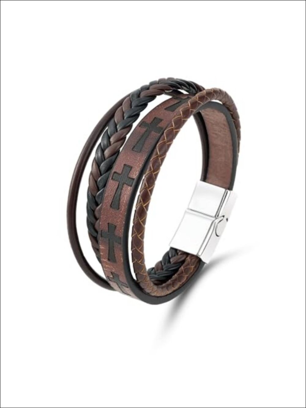 Mens Leather Cross Bracelet Braided Wristband Stainless Steel Buckle Religious